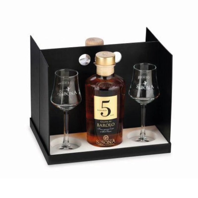 Sibona Grappa Riserva Botti di Whiskey + Grappa Riserva Barolo 5 Anni + 4 Bicchieri