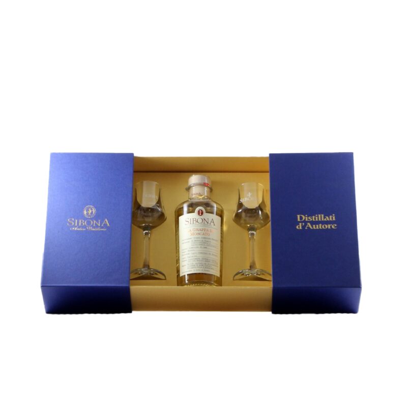 Confezione Primo Piano Sibona Grappa Moscato + 2 Bicchieri